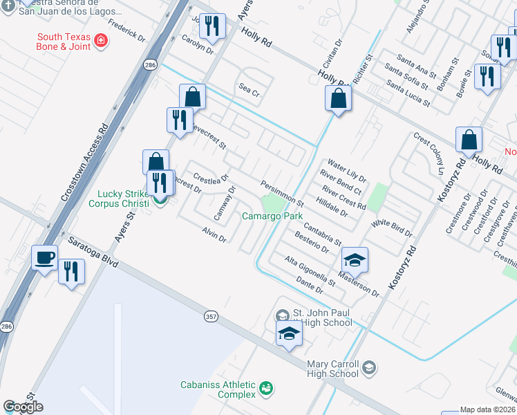map of restaurants, bars, coffee shops, grocery stores, and more near 2714 Camargo Drive in Corpus Christi