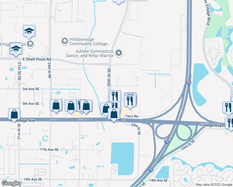 map of restaurants, bars, coffee shops, grocery stores, and more near 410 30th Street Southeast in Ruskin
