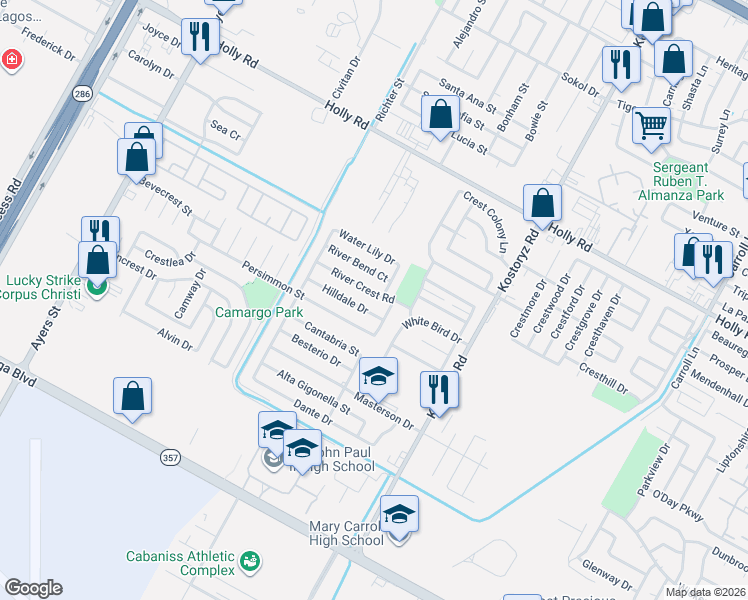map of restaurants, bars, coffee shops, grocery stores, and more near 2938 River Crest Road in Corpus Christi