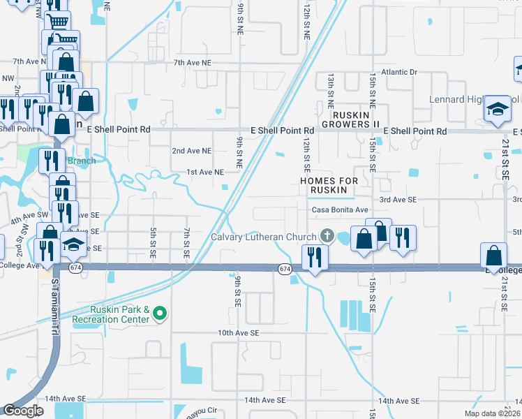 map of restaurants, bars, coffee shops, grocery stores, and more near 1015 Spotted Egret Loop in Ruskin