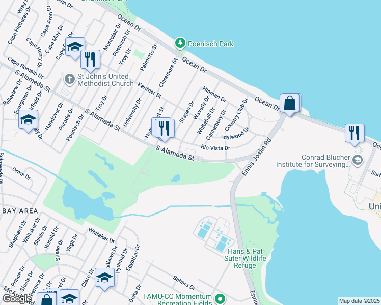 map of restaurants, bars, coffee shops, grocery stores, and more near 5808 South Alameda Street in Corpus Christi