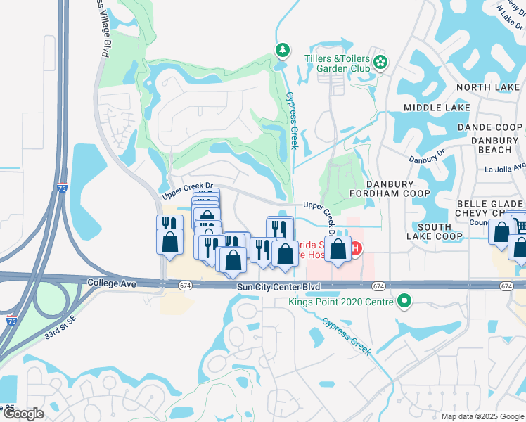 map of restaurants, bars, coffee shops, grocery stores, and more near 3850 Upper Creek Drive in Sun City Center