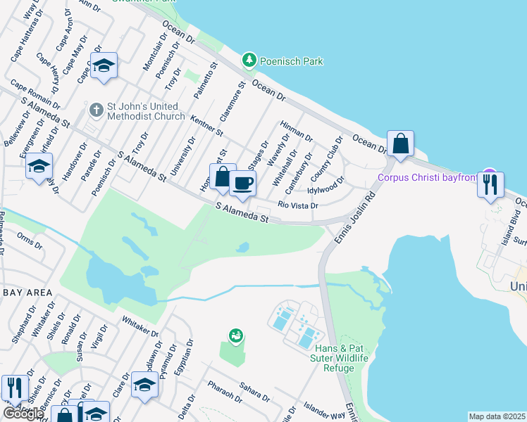 map of restaurants, bars, coffee shops, grocery stores, and more near 438 Whitehall Drive in Corpus Christi