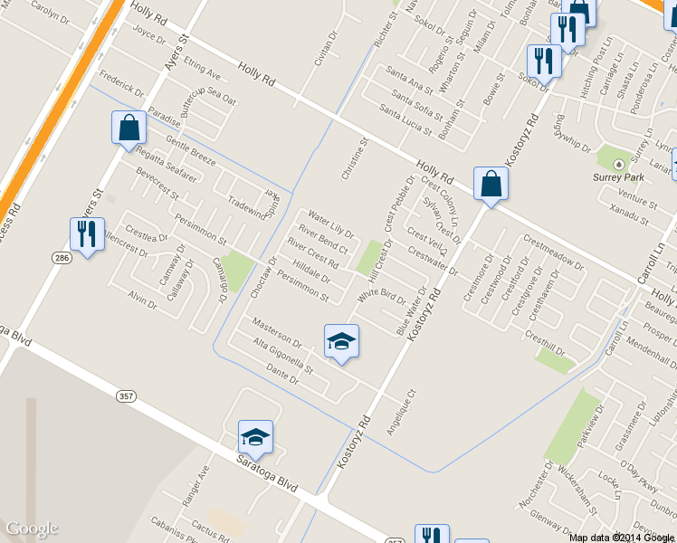 map of restaurants, bars, coffee shops, grocery stores, and more near 2938 River Crest Road in Corpus Christi