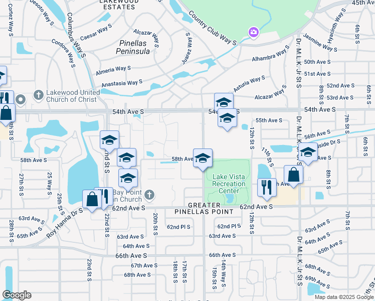map of restaurants, bars, coffee shops, grocery stores, and more near 5701 16th Street South in St. Petersburg