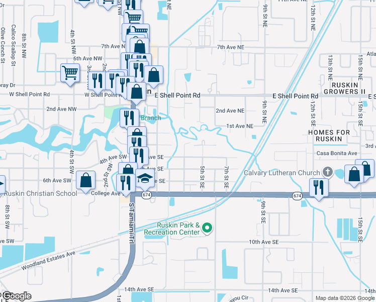 map of restaurants, bars, coffee shops, grocery stores, and more near 399 1st Street Northeast in Ruskin