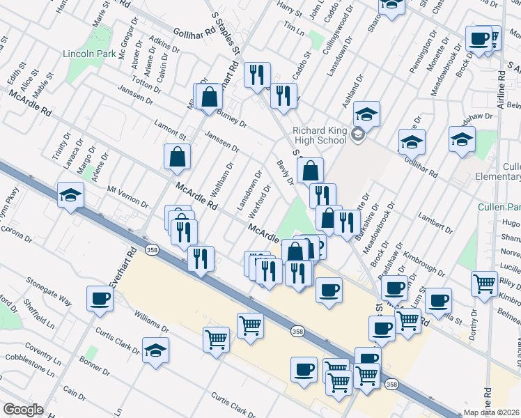 map of restaurants, bars, coffee shops, grocery stores, and more near 4801 Wexford Drive in Corpus Christi