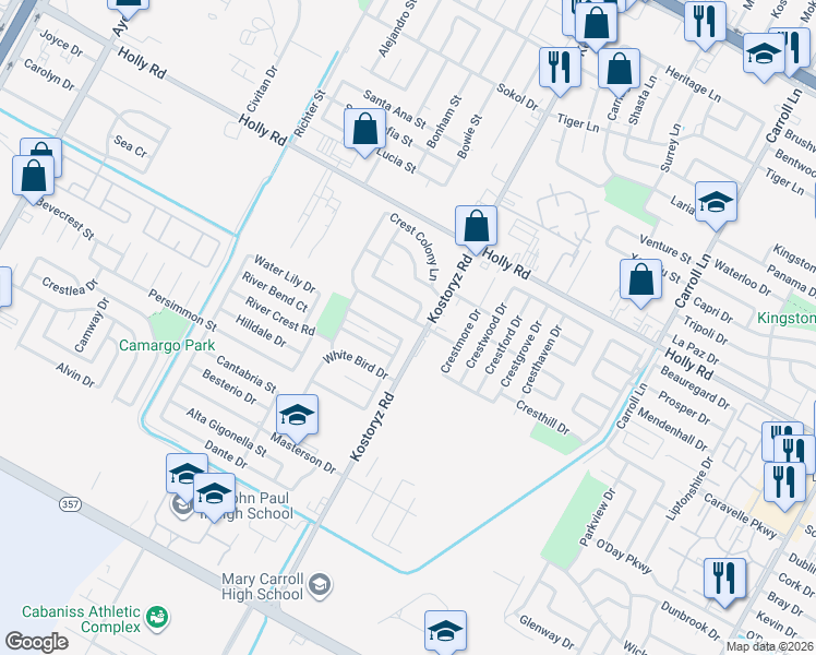 map of restaurants, bars, coffee shops, grocery stores, and more near 3134 Crestwater Drive in Corpus Christi