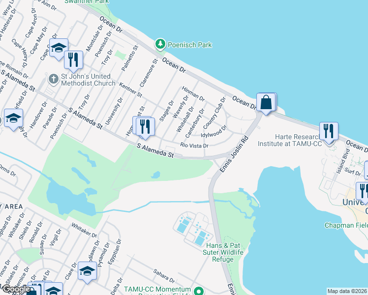 map of restaurants, bars, coffee shops, grocery stores, and more near 5841 Rio Vista Drive in Corpus Christi