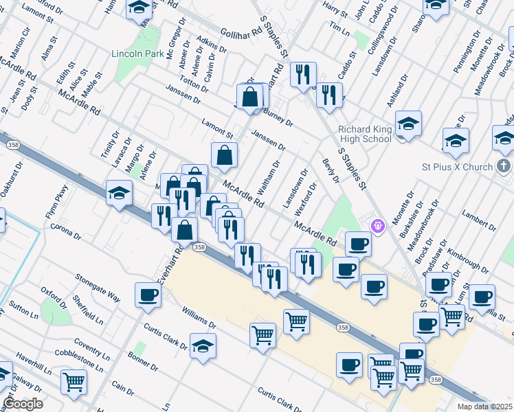 map of restaurants, bars, coffee shops, grocery stores, and more near 4906 Waltham Drive in Corpus Christi