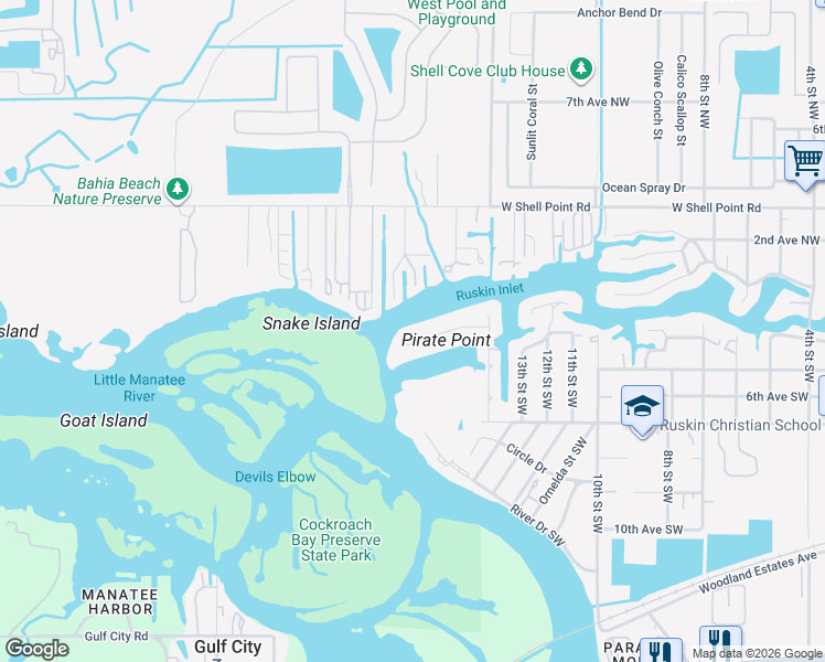 map of restaurants, bars, coffee shops, grocery stores, and more near 1423 Deirdre Drive in Ruskin
