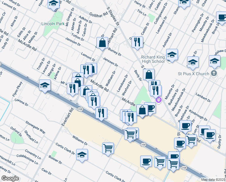 map of restaurants, bars, coffee shops, grocery stores, and more near 4830 Prinston Drive in Corpus Christi
