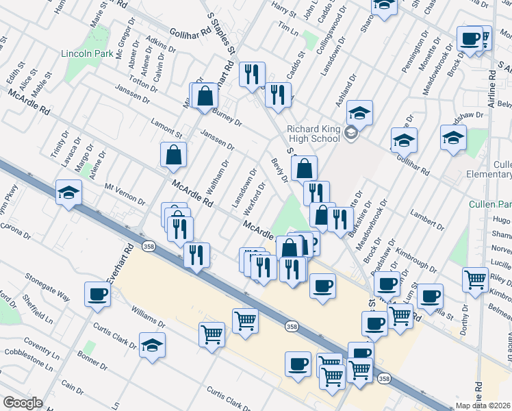 map of restaurants, bars, coffee shops, grocery stores, and more near 4801 Wexford Drive in Corpus Christi