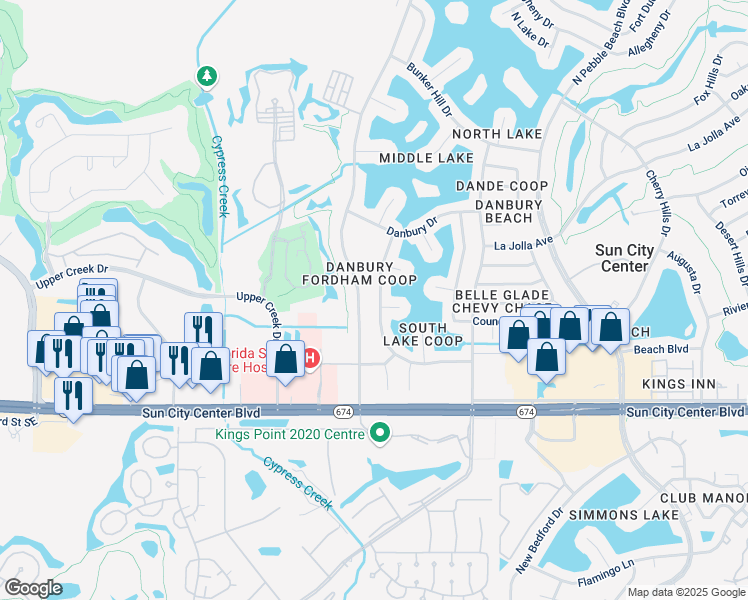 map of restaurants, bars, coffee shops, grocery stores, and more near 1223 Fordham Drive in Sun City Center