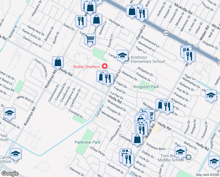 map of restaurants, bars, coffee shops, grocery stores, and more near 5623 Carroll Lane in Corpus Christi
