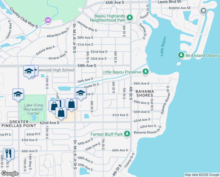 map of restaurants, bars, coffee shops, grocery stores, and more near 5700 6th Way South in St. Petersburg
