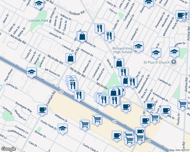 map of restaurants, bars, coffee shops, grocery stores, and more near 4801 Wexford Drive in Corpus Christi