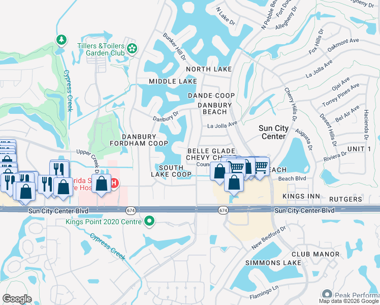 map of restaurants, bars, coffee shops, grocery stores, and more near 1717 Council Drive in Sun City Center