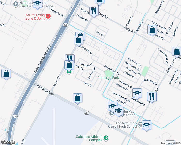 map of restaurants, bars, coffee shops, grocery stores, and more near 6109 Camway Drive in Corpus Christi