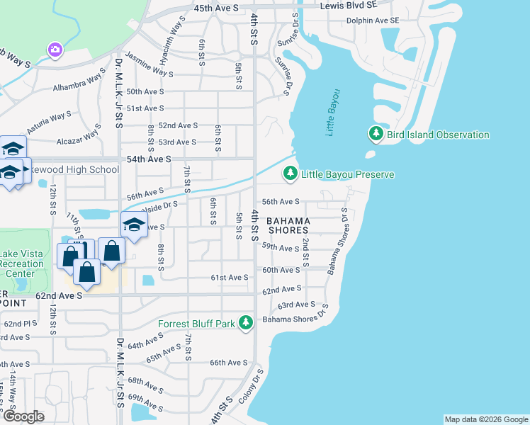 map of restaurants, bars, coffee shops, grocery stores, and more near 340 56th Avenue South in St. Petersburg