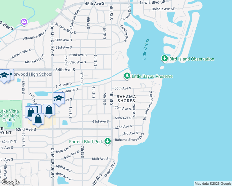 map of restaurants, bars, coffee shops, grocery stores, and more near 340 56th Avenue South in St. Petersburg