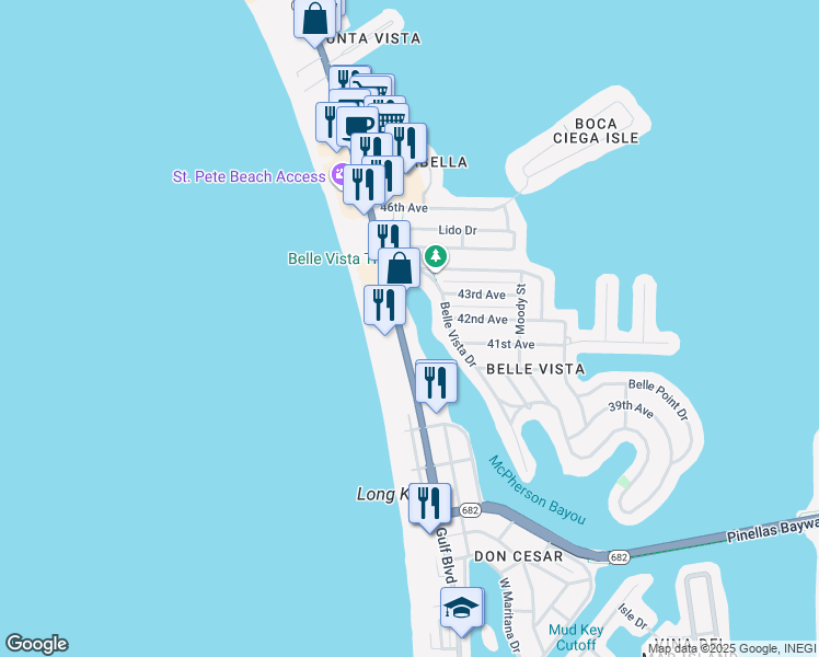 map of restaurants, bars, coffee shops, grocery stores, and more near 4105 Gulf Boulevard in St. Pete Beach