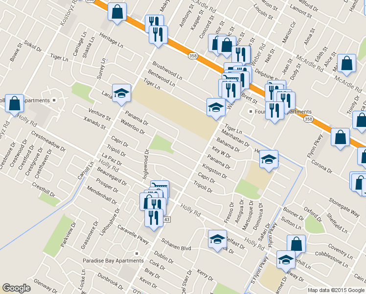 map of restaurants, bars, coffee shops, grocery stores, and more near 3909 Panama Drive in Corpus Christi