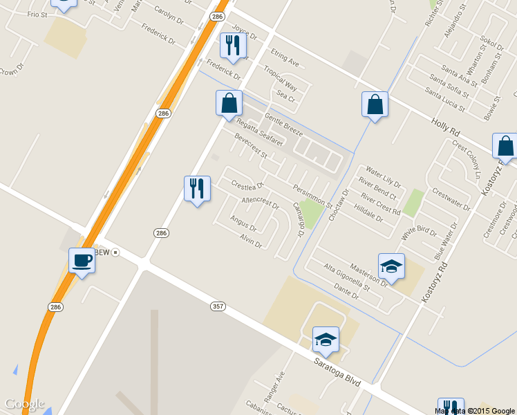 map of restaurants, bars, coffee shops, grocery stores, and more near 2630 Allencrest Drive in Corpus Christi
