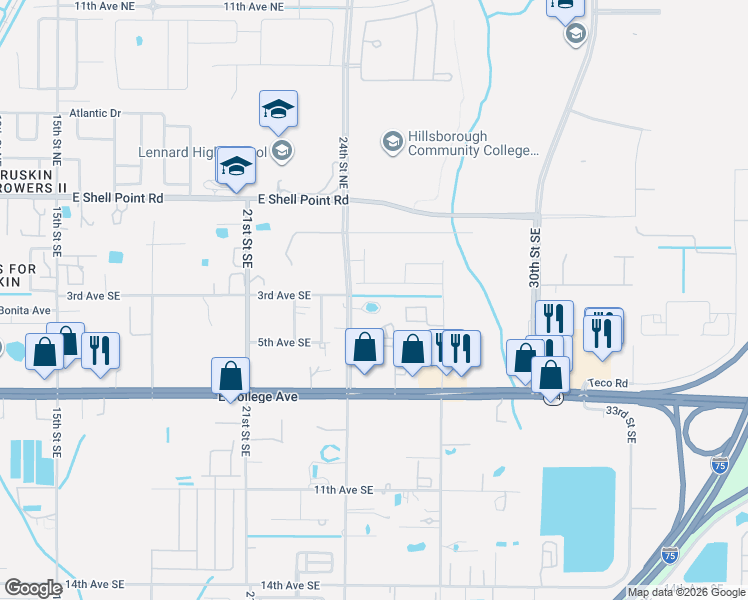 map of restaurants, bars, coffee shops, grocery stores, and more near 302 24th Street Southeast in Ruskin