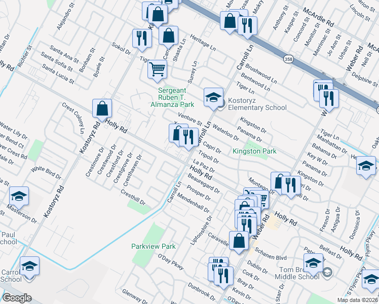 map of restaurants, bars, coffee shops, grocery stores, and more near 5637 Carroll Lane in Corpus Christi