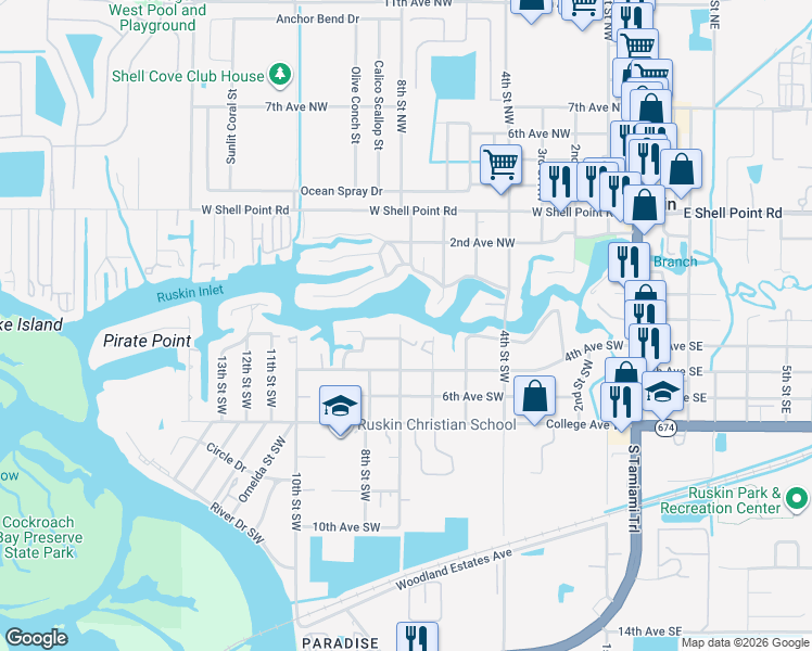 map of restaurants, bars, coffee shops, grocery stores, and more near 202 7th Street Southwest in Ruskin