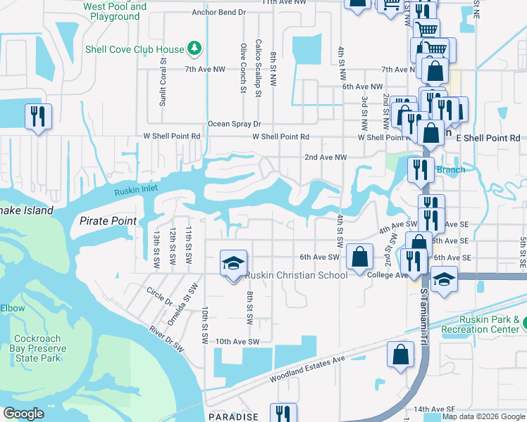 map of restaurants, bars, coffee shops, grocery stores, and more near 705 3rd Avenue Southwest in Ruskin