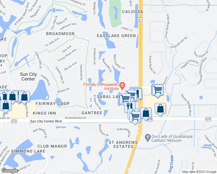 map of restaurants, bars, coffee shops, grocery stores, and more near 1006 Yellowbird Place in Sun City Center