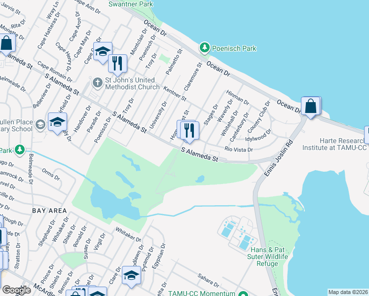 map of restaurants, bars, coffee shops, grocery stores, and more near 480 Glenmore Street in Corpus Christi