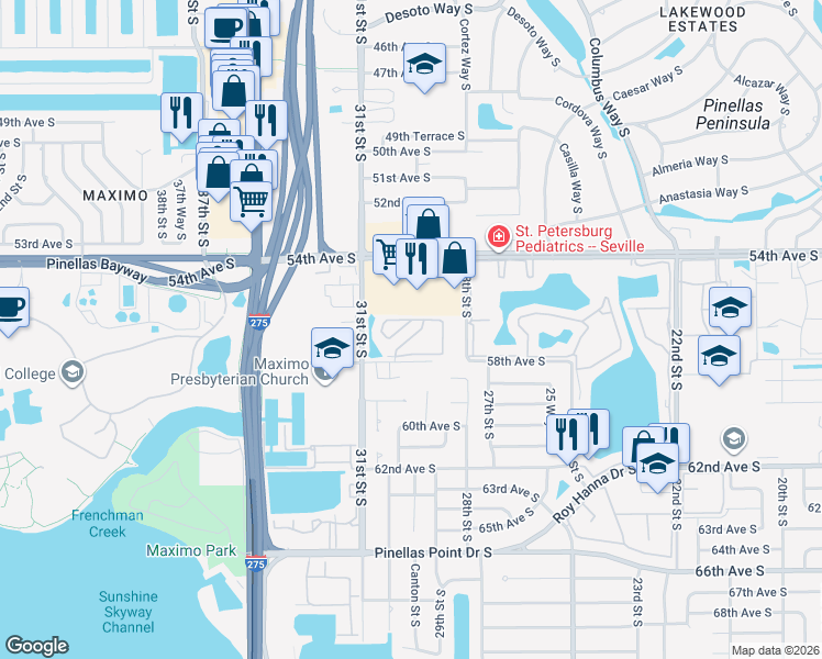 map of restaurants, bars, coffee shops, grocery stores, and more near 3001 58th Avenue South in St. Petersburg