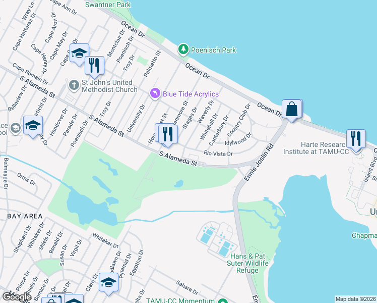 map of restaurants, bars, coffee shops, grocery stores, and more near 438 Whitehall Drive in Corpus Christi