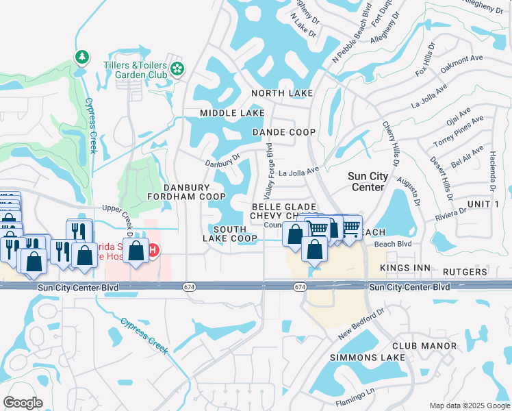 map of restaurants, bars, coffee shops, grocery stores, and more near 1721 Council Drive in Sun City Center