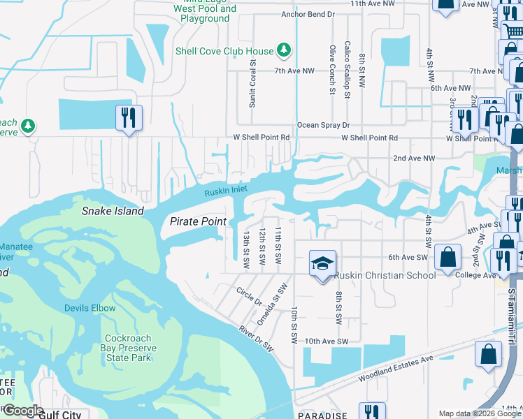 map of restaurants, bars, coffee shops, grocery stores, and more near 105 12th Street Southwest in Ruskin