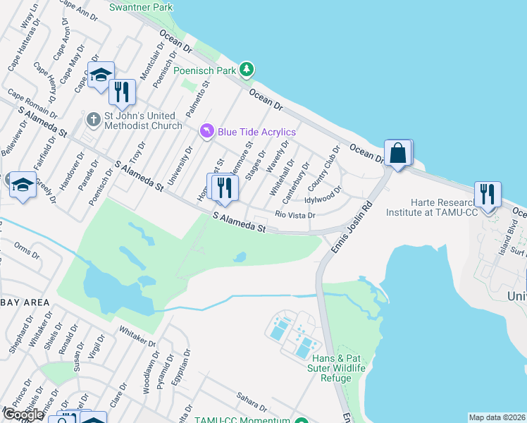 map of restaurants, bars, coffee shops, grocery stores, and more near 438 Whitehall Drive in Corpus Christi