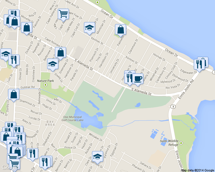 map of restaurants, bars, coffee shops, grocery stores, and more near 5525 South Alameda Street in Corpus Christi