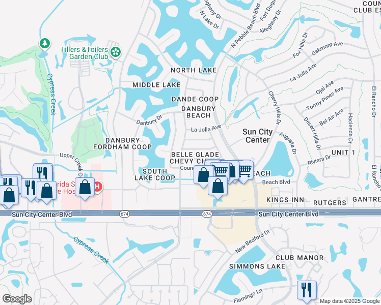 map of restaurants, bars, coffee shops, grocery stores, and more near 1526 Belle Glade Avenue in Sun City Center