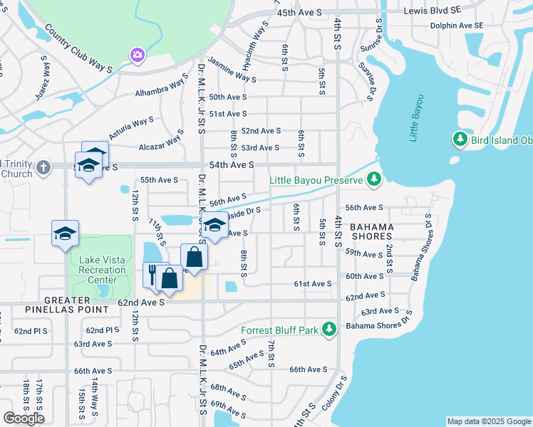 map of restaurants, bars, coffee shops, grocery stores, and more near 700 Hillside Drive South in Saint Petersburg