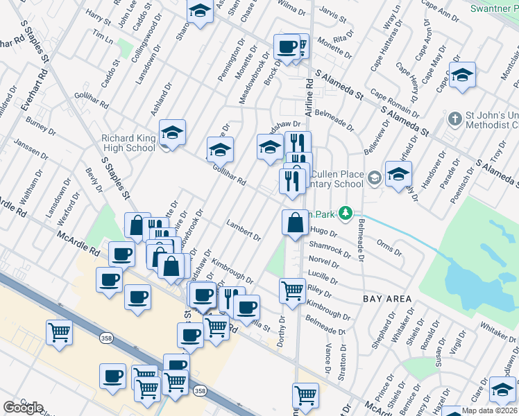 map of restaurants, bars, coffee shops, grocery stores, and more near 909 Salem Drive in Corpus Christi