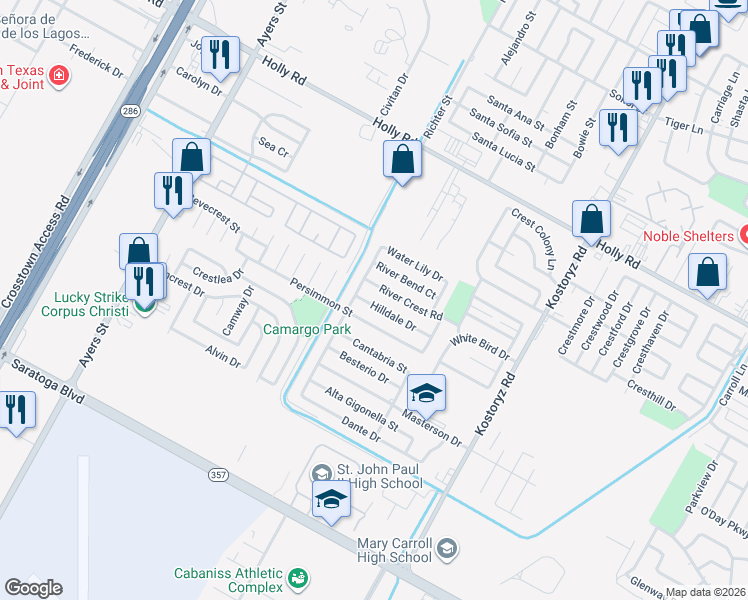 map of restaurants, bars, coffee shops, grocery stores, and more near 2914 Hilldale Dr in Corpus Christi