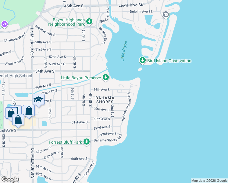 map of restaurants, bars, coffee shops, grocery stores, and more near 168 56th Avenue South in Saint Petersburg