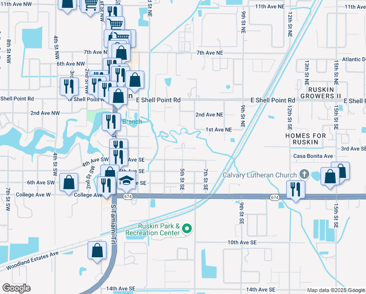 map of restaurants, bars, coffee shops, grocery stores, and more near 500 3rd Avenue Southeast in Ruskin