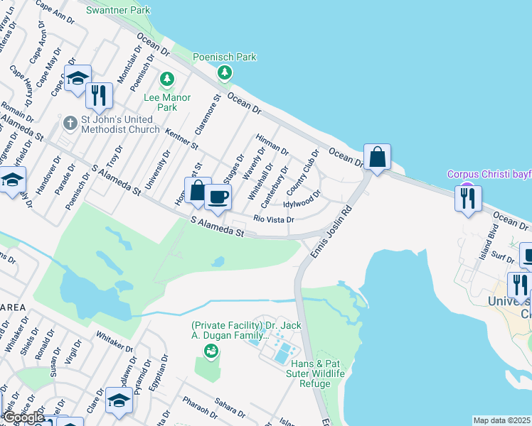 map of restaurants, bars, coffee shops, grocery stores, and more near 425 Canterbury Drive in Corpus Christi