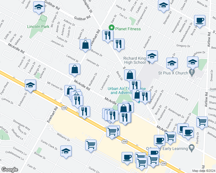 map of restaurants, bars, coffee shops, grocery stores, and more near 4801 Wexford Drive in Corpus Christi