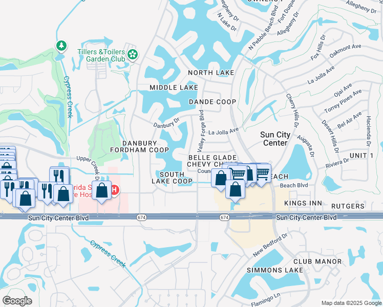 map of restaurants, bars, coffee shops, grocery stores, and more near 1721 Council Drive in Sun City Center