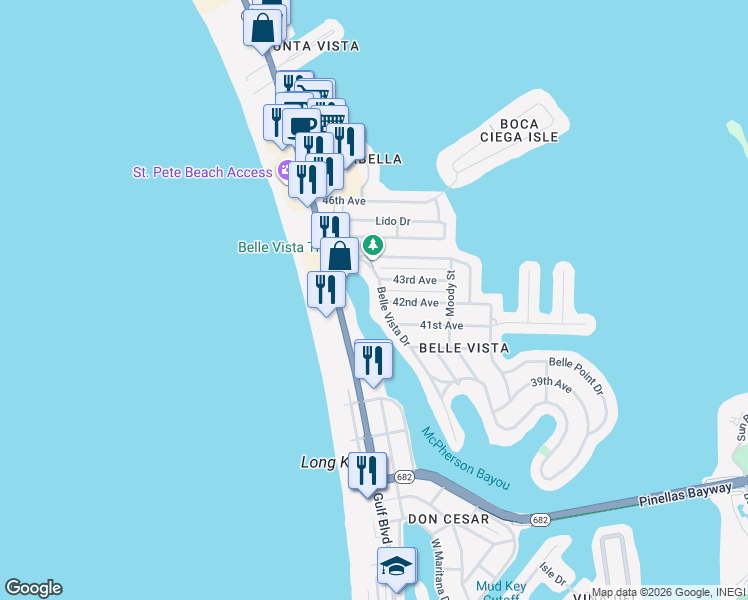 map of restaurants, bars, coffee shops, grocery stores, and more near 4200 Belle Vista Dr in St Pete Beach